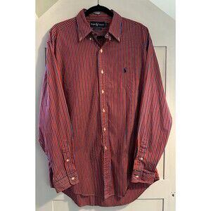 Men’s Ralph Lauren Shirt Red Blue Striped Button Down Classic Fit Size L